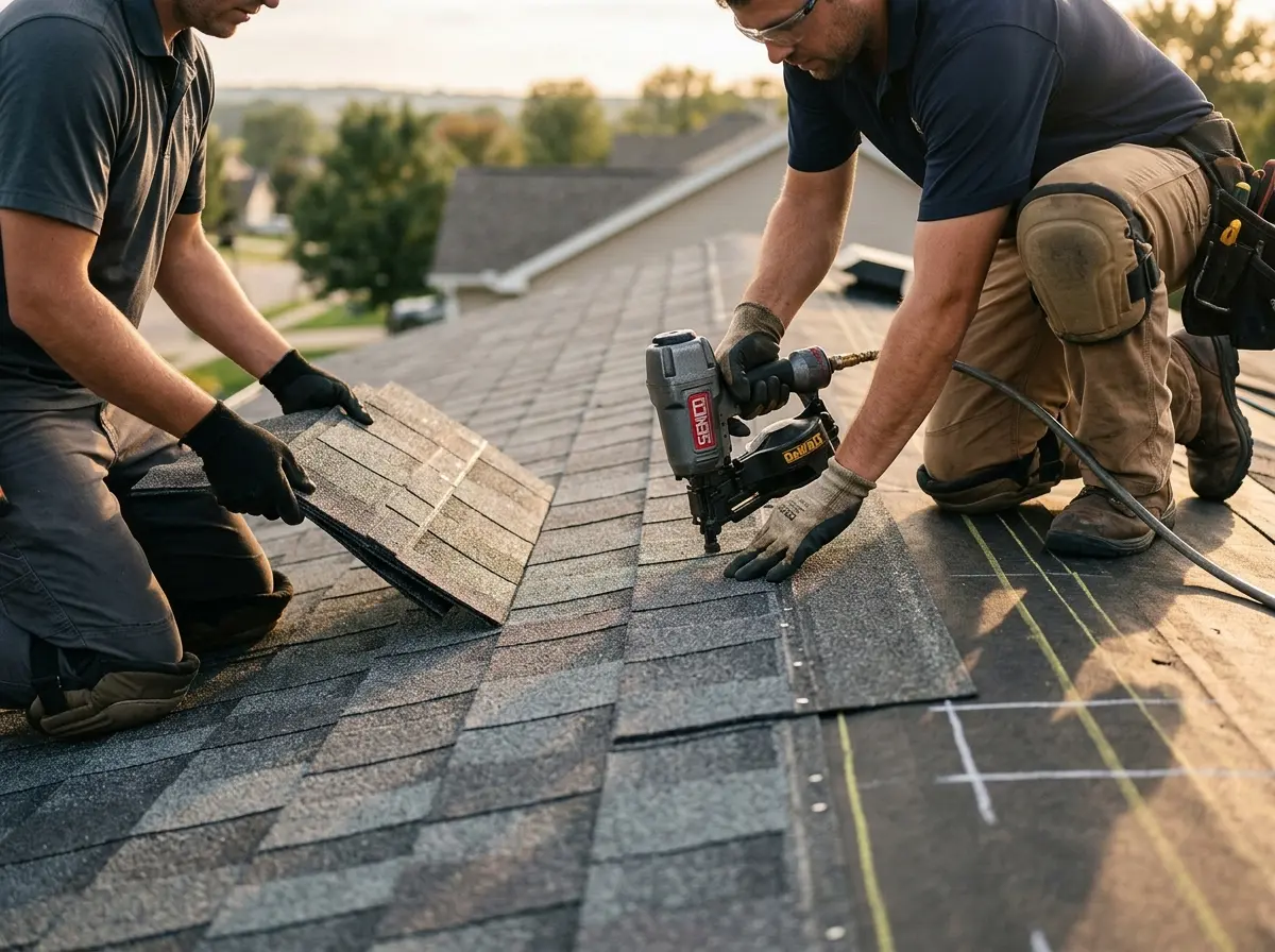 Professional roofer working on a residential roof in Grand Ledge